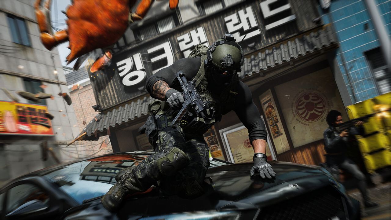 Modern Warfare 4 operators fighting through a neon Korean city street